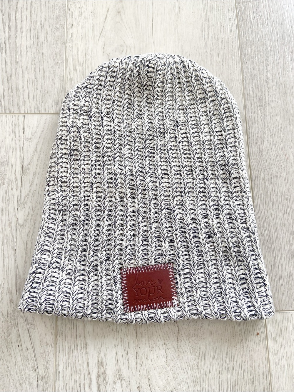 Love Your Melon | Gray and White Marled Knit Beanie with Leather Patch
